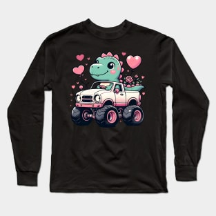 Cute Girls Kids Valentines Day Dinosaur Riding Monster Truck Long Sleeve T-Shirt